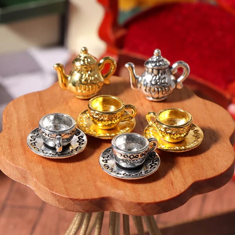1Set 1:12 Dollhouse Miniature Teapot Cup Saucer Metal Tea Set Dining Table Model Decor Toy Doll House Accessories