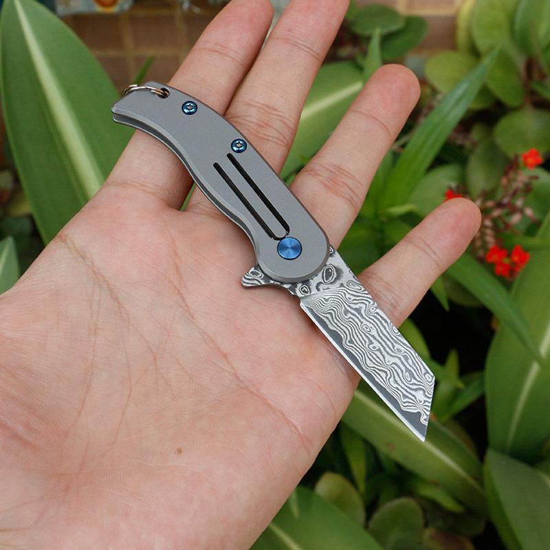 Damascus Steel Titanium Handle Keychain Mini EDC Portable Folding Pocket Knife Camping Survival