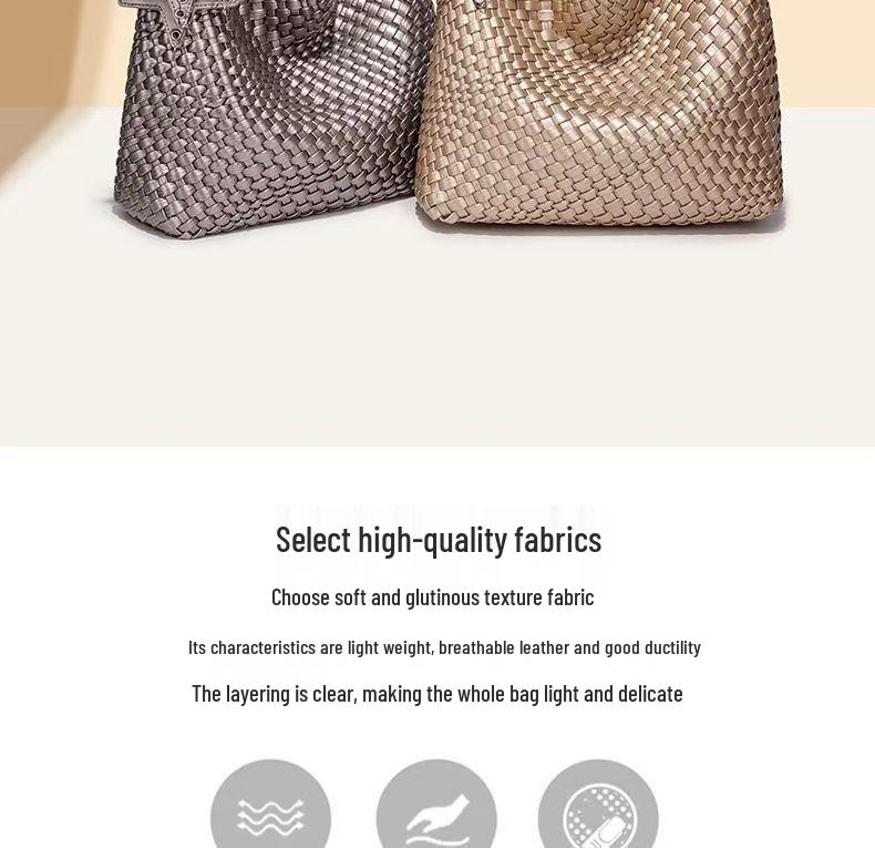 Qiangqiang Champagne Color Handmade Woven Tote: Large Capacity, Lightweight Luxury, Handheld or Shoulder, Mother-Child Bucket Design.