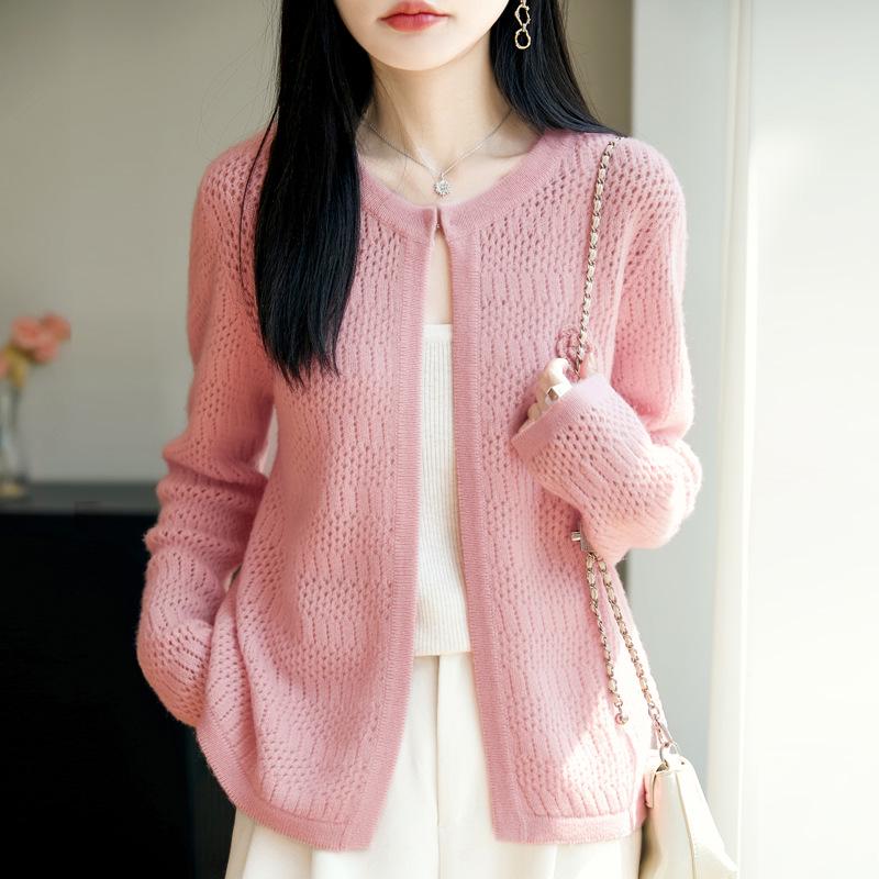 2025 Women's Wool Shawl Cardigan - Round Neck, Hollow Out, Loose Fit, Long Sleeve