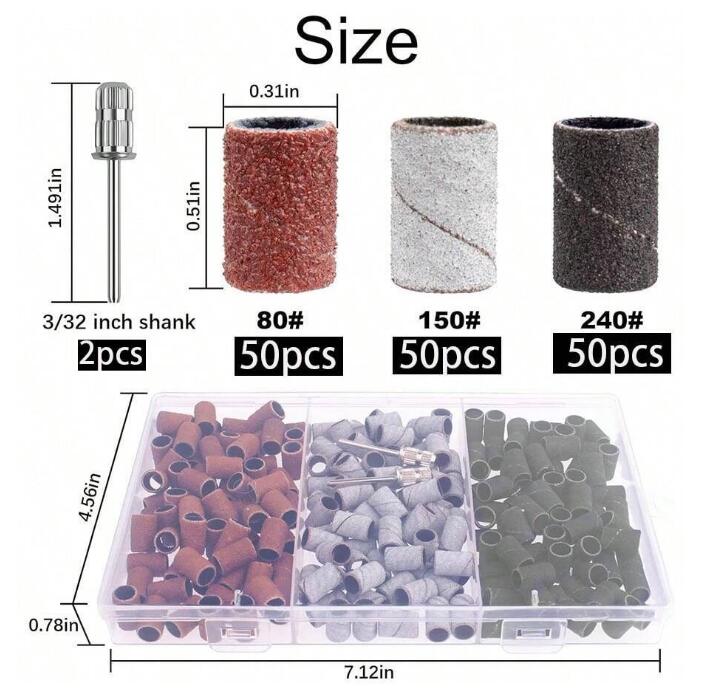 150Pcs Color Coarse Fine Nail Sanding Bands and 2Pcs Nail Drill Bits Mandrel Bits Portable Storage Box Set