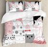 Cartoon Cat Duvet Cover for Kids Black Grey Girls Boys Cats Drawing Pattern On White with Fish Print for Child Room Decoration