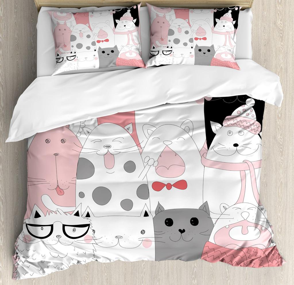 Cartoon Cat Duvet Cover for Kids Black Grey Girls Boys Cats Drawing Pattern On White with Fish Print for Child Room Decoration