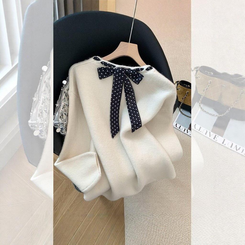 Elegant Lace-Up Bow Sweater for Women - Red, Soft Knit, Perfect for Autumn and Winter