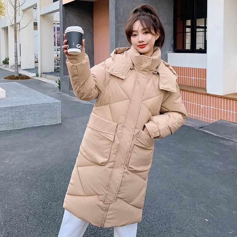 Spot New Simple Cotton-padded Clothes Women's Medium and Long Over-knee Removable Hat Cotton-padded Jacket Bread Cotton-padded Clothes