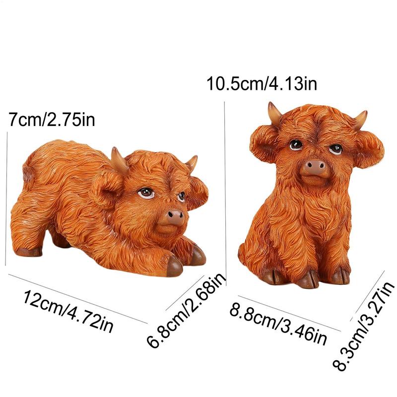 Cute Highland Cow Figurine Realistic Highland Cow Sculpture Set Of 2 Resin Animal Statue Decor Shelf Table Tray Living Room