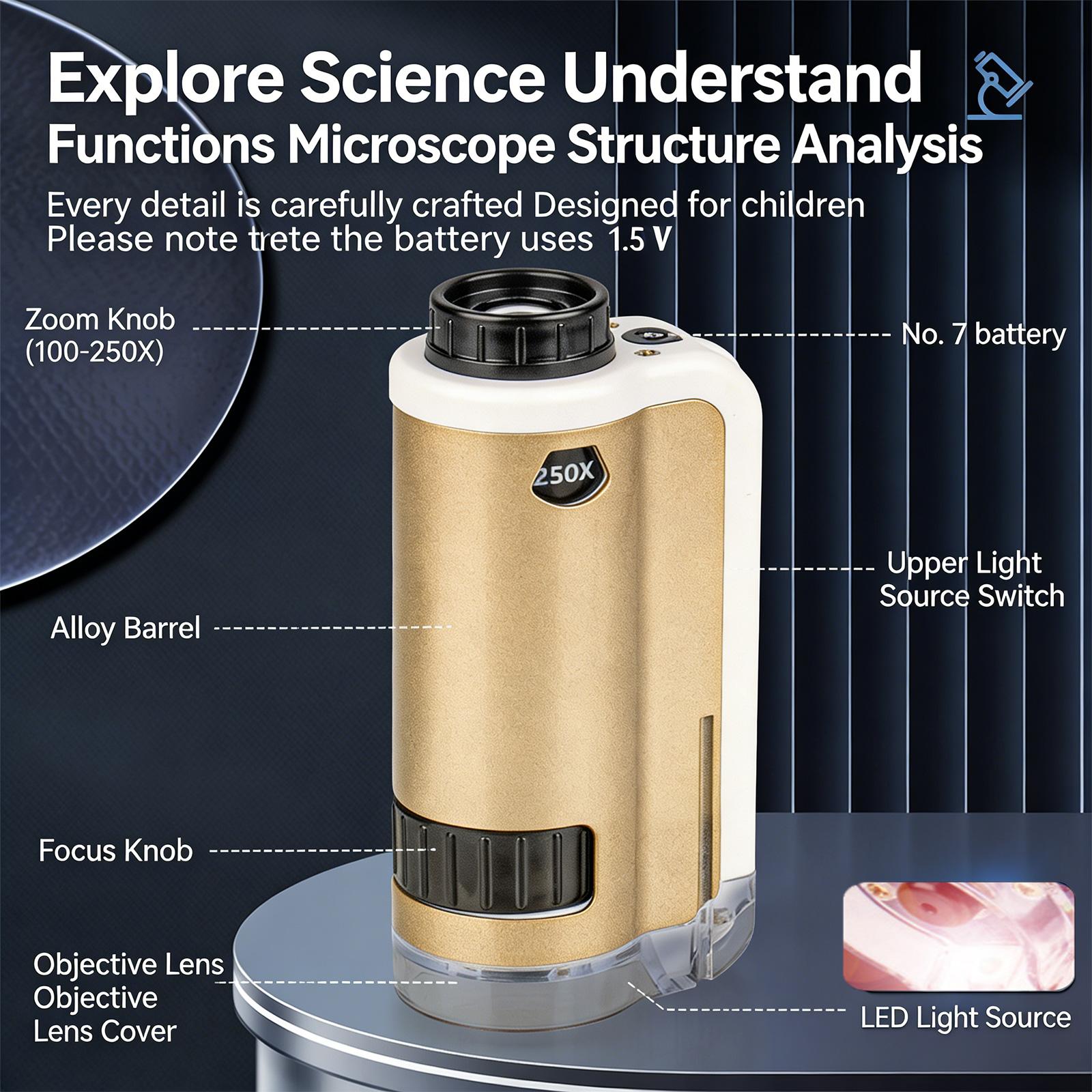 

Safe Alloy Kids Microscope Portable Design 100X-250X Magnification Science Educational Tool Educational Microscope синій