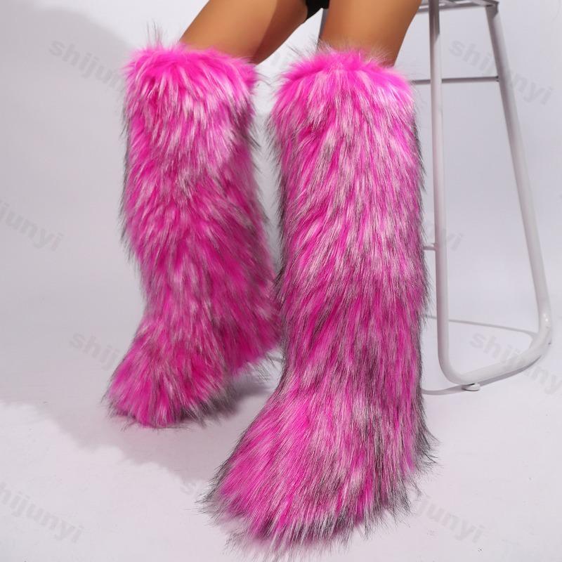 Women Faux Fur Snow Boots Winter Warm Plush Long Boots Outdoor Knee-high Boot Designer Luxury Women Faux Fox Furry Non-Slip Shoe
