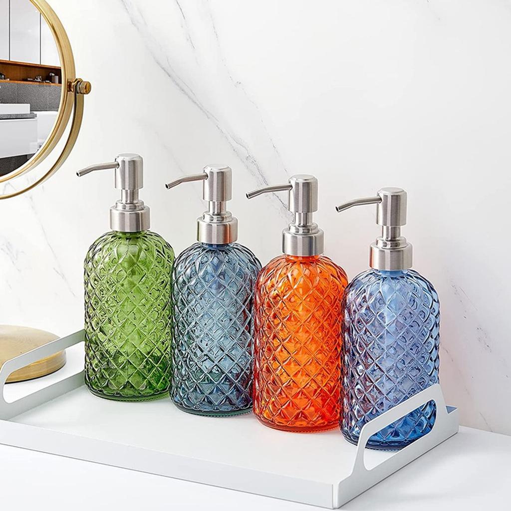 1pc 16oz Orange Color Soap Dispenser Bathroom, Glass Soap Dispenser with Pump, Gem Patterned Glass Soap Dispenser for Hand Soap