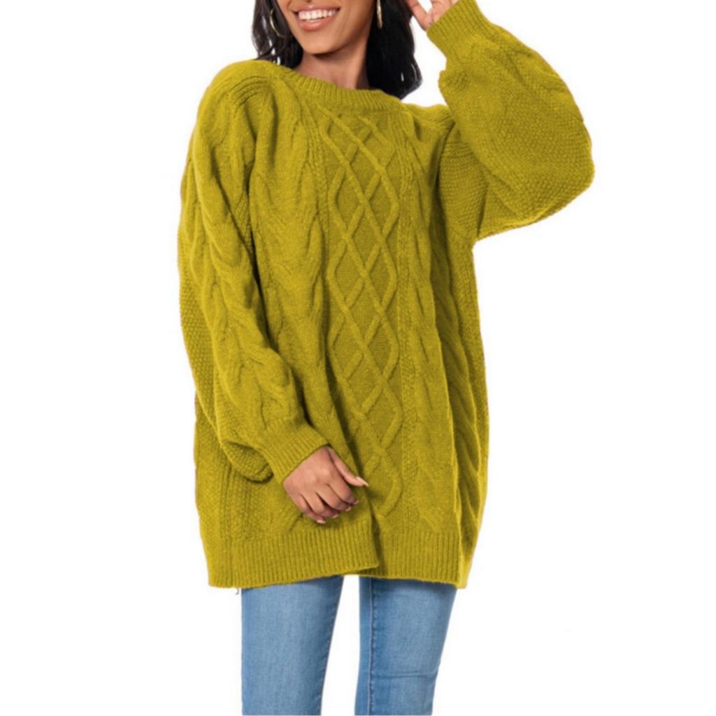 Fashionable Women's Thick-knit Pullover Round Neck Cable Sweater