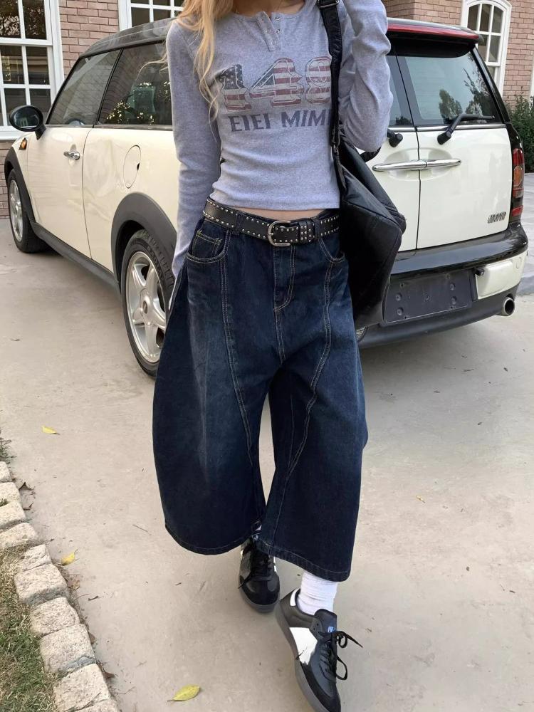 90s Plus Size American Embroidery Stitched Jeans Women Summer Loose Retro High Waisted Pants Y2k Design Wide Leg Cropped Shorts