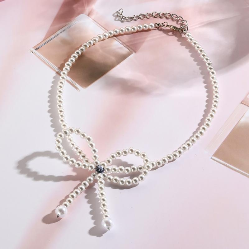 Handmade Butterfly Pendant Jewelry Set Imitation Pearls Beaded Bow Knot Necklace Earrings Bracelet Elegant Accessory