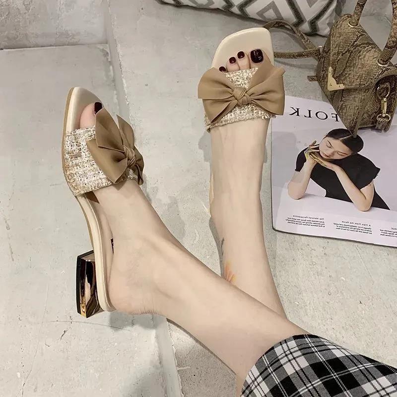 Internet Celebrity Cool Slippers Women's Summer 2021 New Outer Wear Fashion Shoes Drag Bow High Heel Middle Heel Summer Popular Tide Shoes