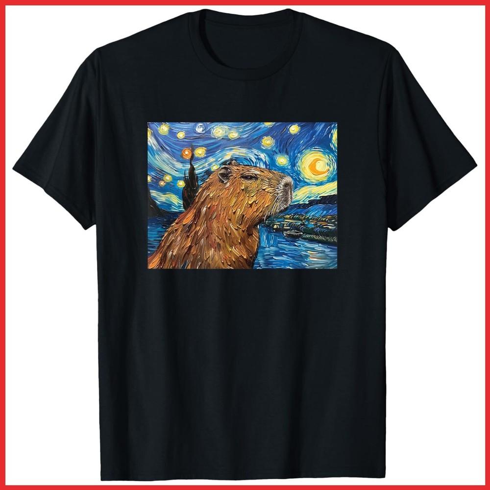 Meme Lover Starry Night Capybara Black Cotton T-Shirt Unisex T-Shirt S