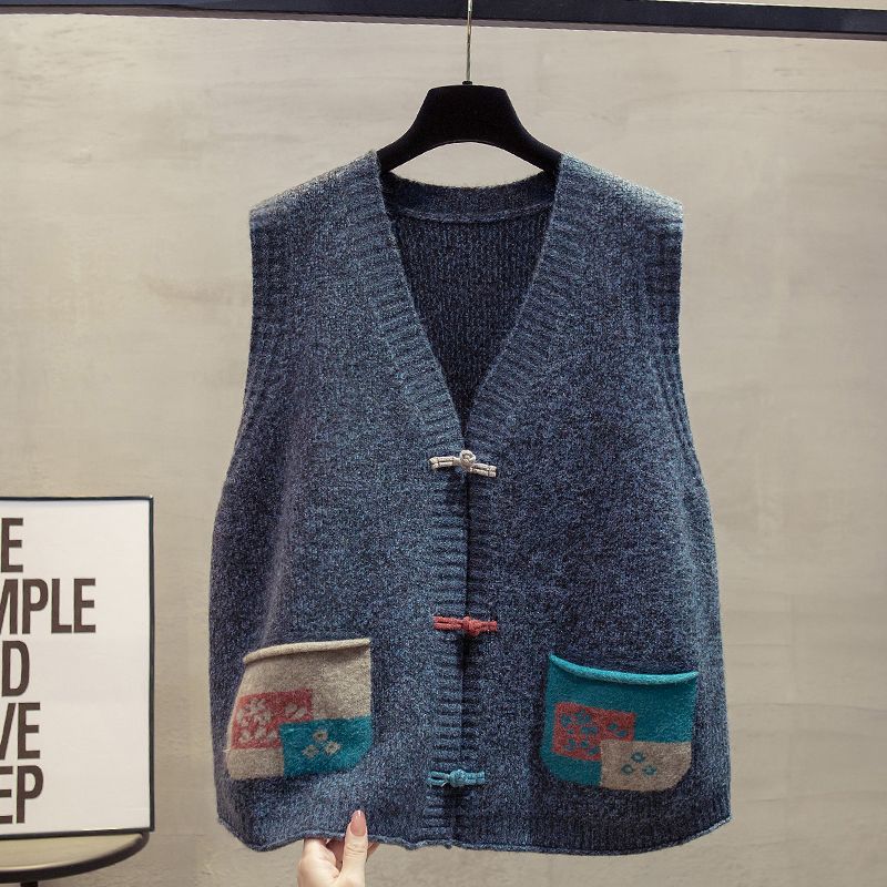 Chinese Style Outer Wear V-Neck Cardigan Knit Vest Women's Autumn Winter Sleeveless Sweater Cardigan