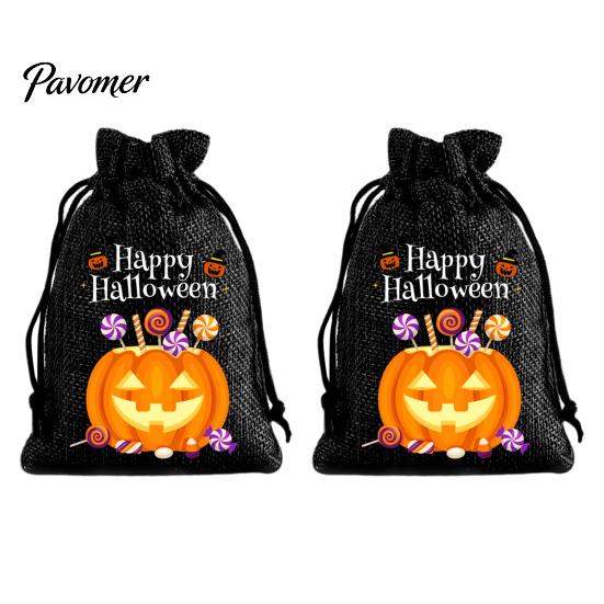 Trick or Treat Party Souvenirs 2Pcs Halloween Pumpkin Drawstring Bags for Candy Treats, Retro Burlap Rustic Linen Goodie Bags, Portable Kids