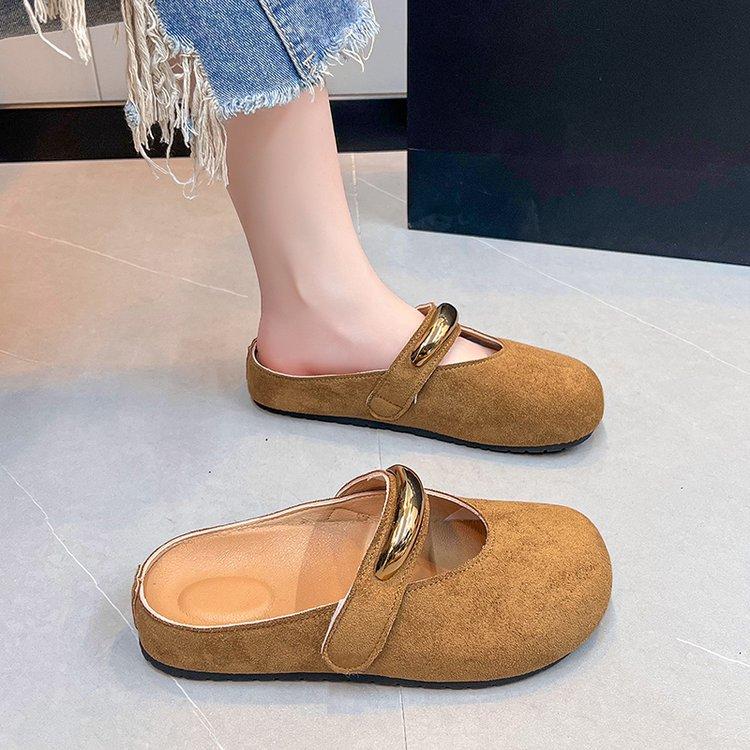 

2025 new one-pedal solid color Mary Jane bag head half slippers light mouth metal temperament fashion flat slippers women 41 темно-коричневого кольору