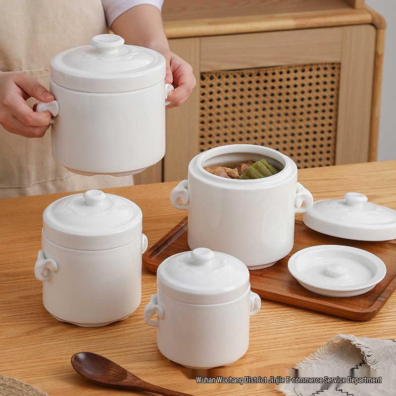 Ceramic Double Lid Stew & Soup Pot with Double Ears for Steaming & Stewed Eggs