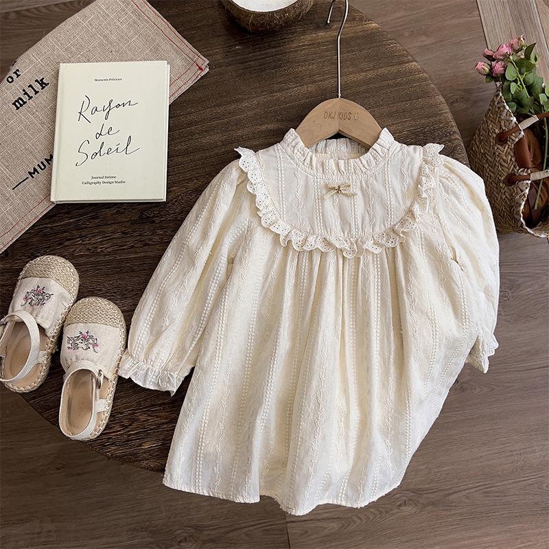 Spring And Autumn Girls Dress Stylish Baby Dress Children S Unique Lace Trim Hollow Princess Dress 90cm
