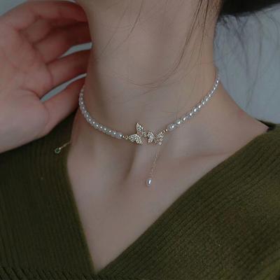Summer Double  Butterfly Necklace  White Imitation Pearl Choker