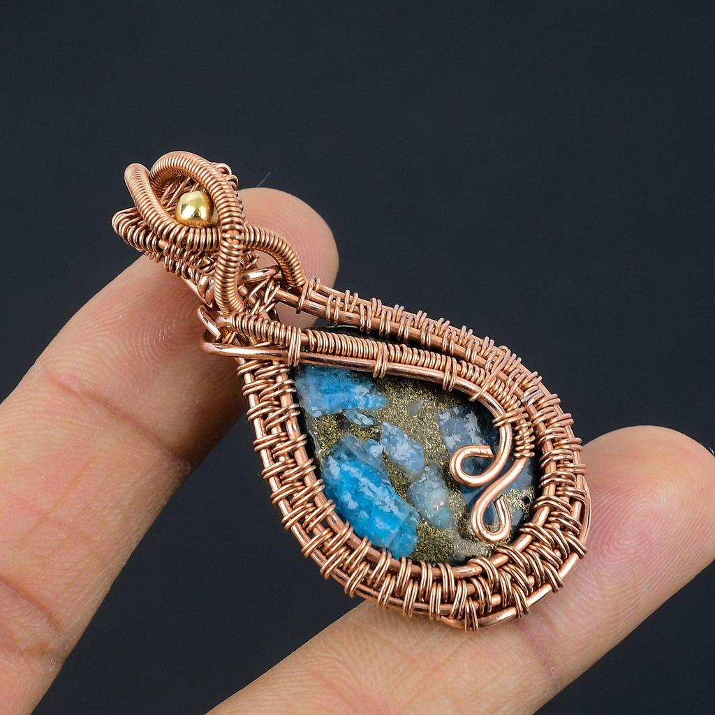 Copper Neon Apatite Pendant Gemstone Jewelry, 999 Copper Wire Wrapped Handmade Pendant, Latest Design Jewelry