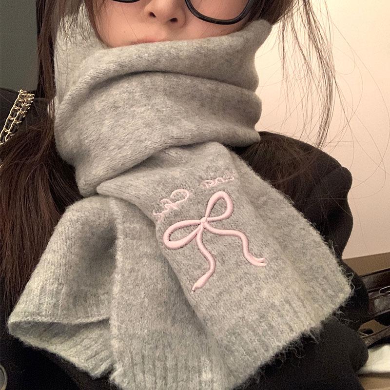 Japanese-Style Women's Winter Scarf: Cute Bow Knot, Warm Knitted Neck Gaiter with Embroidery