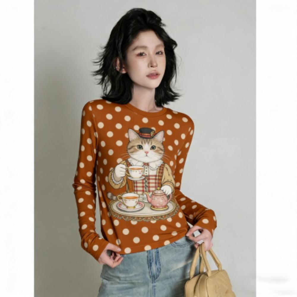 Spring Europe America Fashion Fun Cat Print Women's T-shirt Casual Pullover Women Long Sleeve Clothing Outdoor Street Tees Top