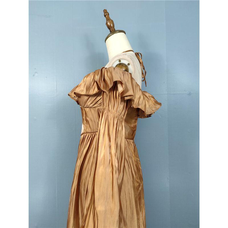 Export Women's Summer New Arrival Long Sleeves Ruffles Halterneck off-Shoulder Shining Silk Elegant Beautiful All-Match Dress