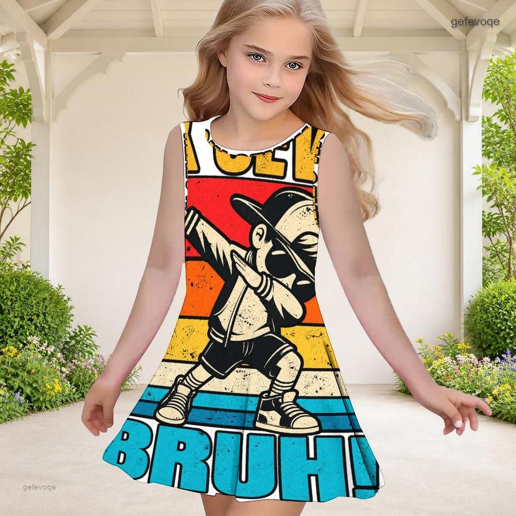Little Girls Round Neck Sleeveless Clover Printed A Line Flared Dress