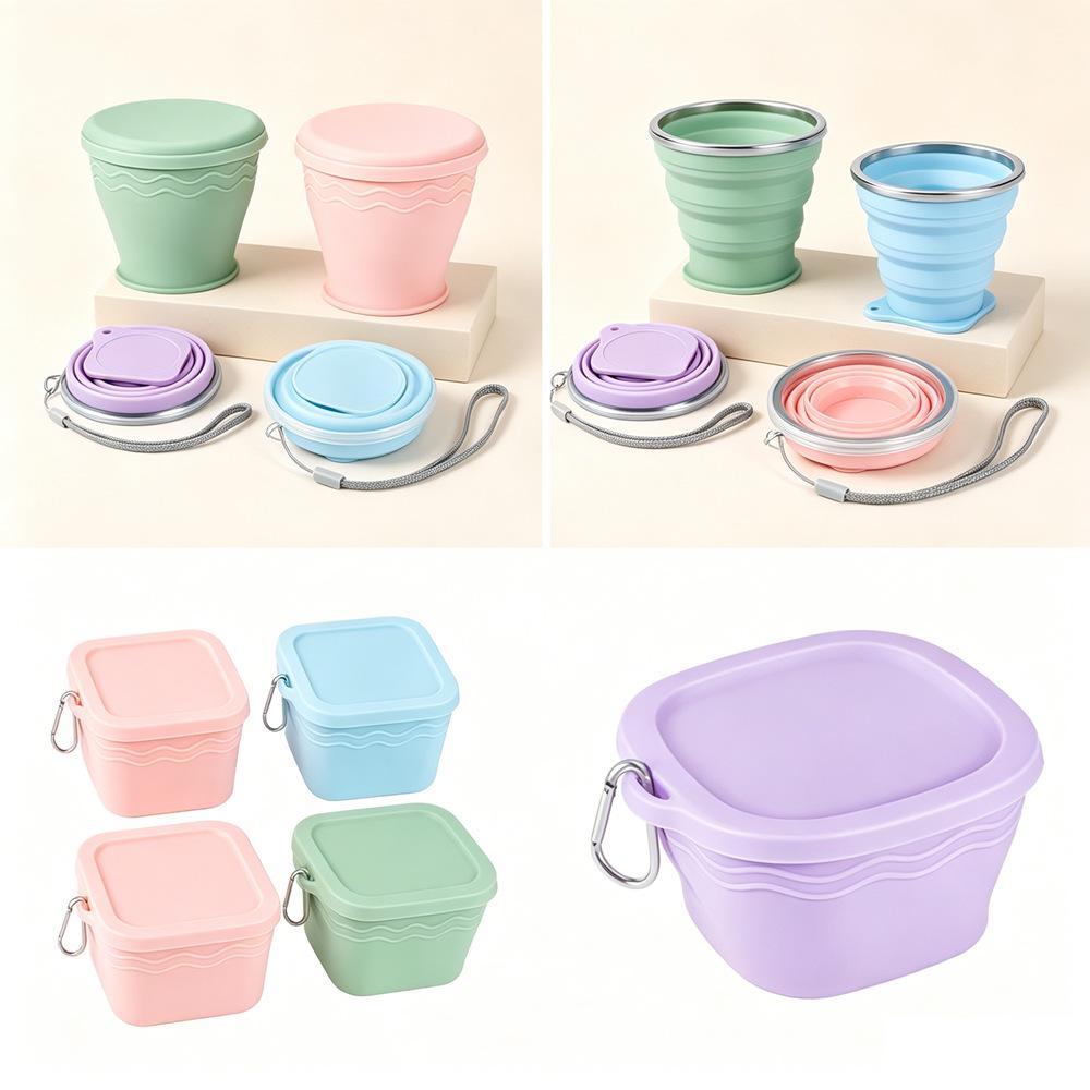 Custom Cartoon Silicone Folding Cup and Retractable Bowl Set for Travel and Daily Use