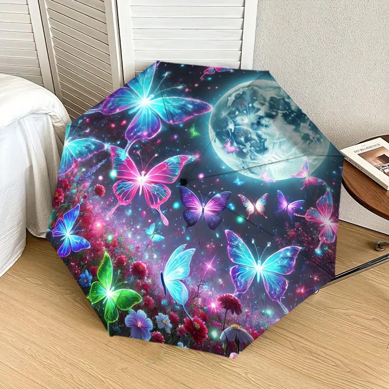 1pc Enchanted Night Garden with Butterflies and Moon Umbrella with Plastic Handle,Suitable for All Seasons Home Travel Outdoor UmbrellaDD1531