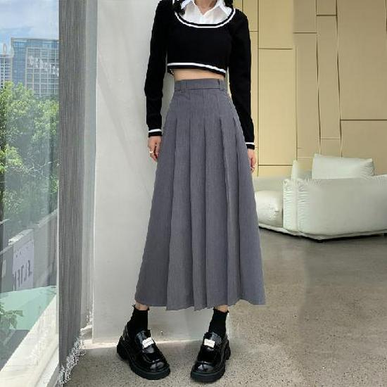 Elegant Grey High-Waisted A-Line Midi Skirt – 2025 Autumn/Winter Collection S 38-44kg