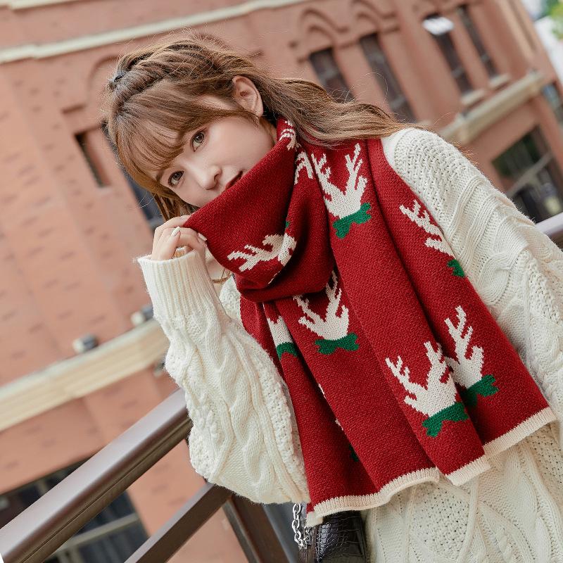

Christmas deer knitted scarf female red thickened warm scarf student long gift green Christmas snowman