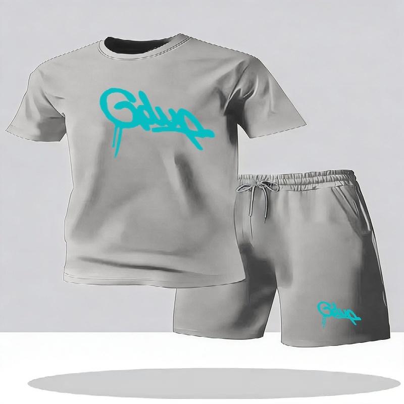 Youth Men's Fashionable Casual Sports Two-Piece Set Print Summer Short-Sleeved T-Shirt And Shorts Ensemble
