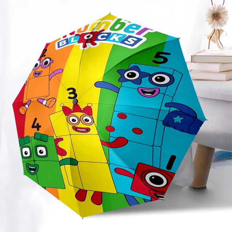 Number Blocks, Rainbow Themed Automatic Opening and Closing Umbrella, Compact Travel Umbrella, Lightweight and Portable, Suitable for Beach