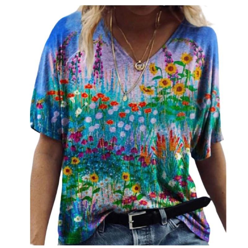 

Женская летняя футболка с короткими рукавами и V-образным вырезом с цветочным принтом и 3D-принтом L