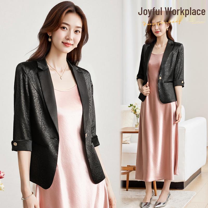 Women's Unique White Acetate Satin Blazer - Seven-Sleeve Short Design for Spring & Autumn