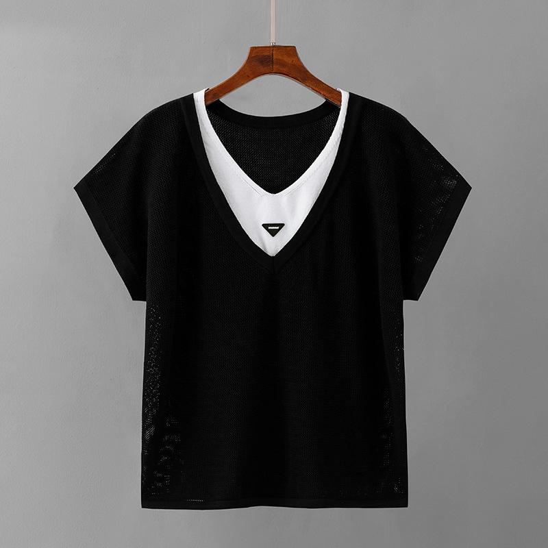 

Летняя женская футболка больших размеров с полым v-образным вырезом, свободные вязаные топы с короткими рукавами XL чёрный