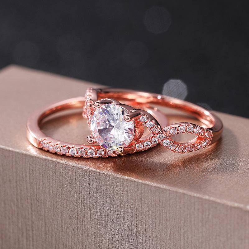 Set de inele dublu stivuibile de culoare aur trandafir nou, accesorii chic pentru femei, zirconiu complet, bijuterii de petrecere pentru femei, inele estetice 2 buc.