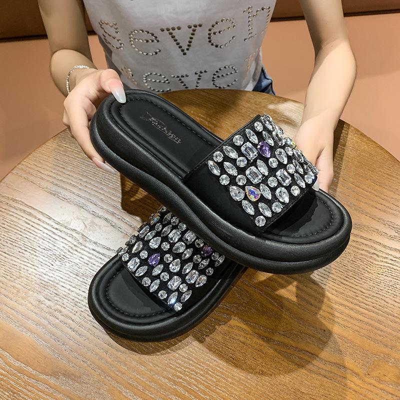 

Женские тапочки весна и лето новая верхняя одежда на толстой подошве туфли-маффины на плоской подошве сандалии со стразами и бусинами с одним словом пляжная обувь 35 чёрный