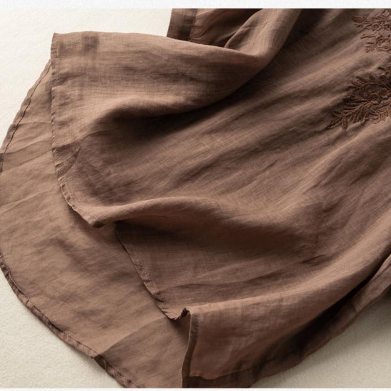 Women's Summer V-neck Embroidery Loose Thin Section Slim Slimming Plus Size Cotton and Linen Short-sleeved T-shirt Women's Clothing