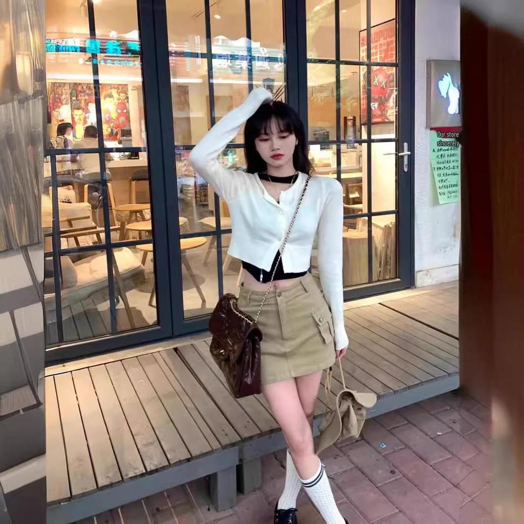 Khaki A-line Workwear Mini Denim Skirt - Spicy Girl Women's Sexy Summer Bodycon Skirt with Pockets