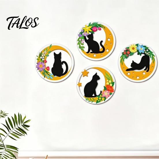 Cat Wall Art Decor 4Pcs Wooden Decor, 2D Flat Round with Flower Entryway Theme Moon Elements, Lightweight Decorative Hanging Signs for Living