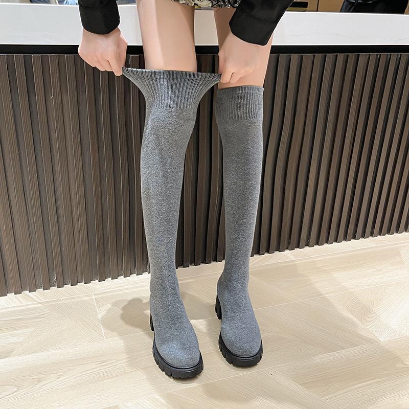 Socks boots women's new spring and autumn elastic boots over the knee thick heel pointed thin boots knitted socks shoes women