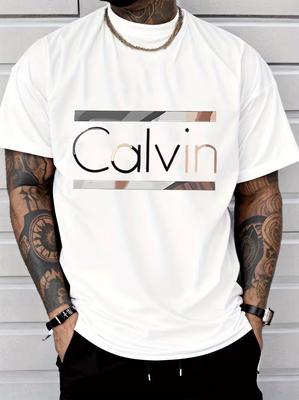Men's Short Sleeve T-Shirt with Calvin Letter Print & Abstract Geometric Pattern