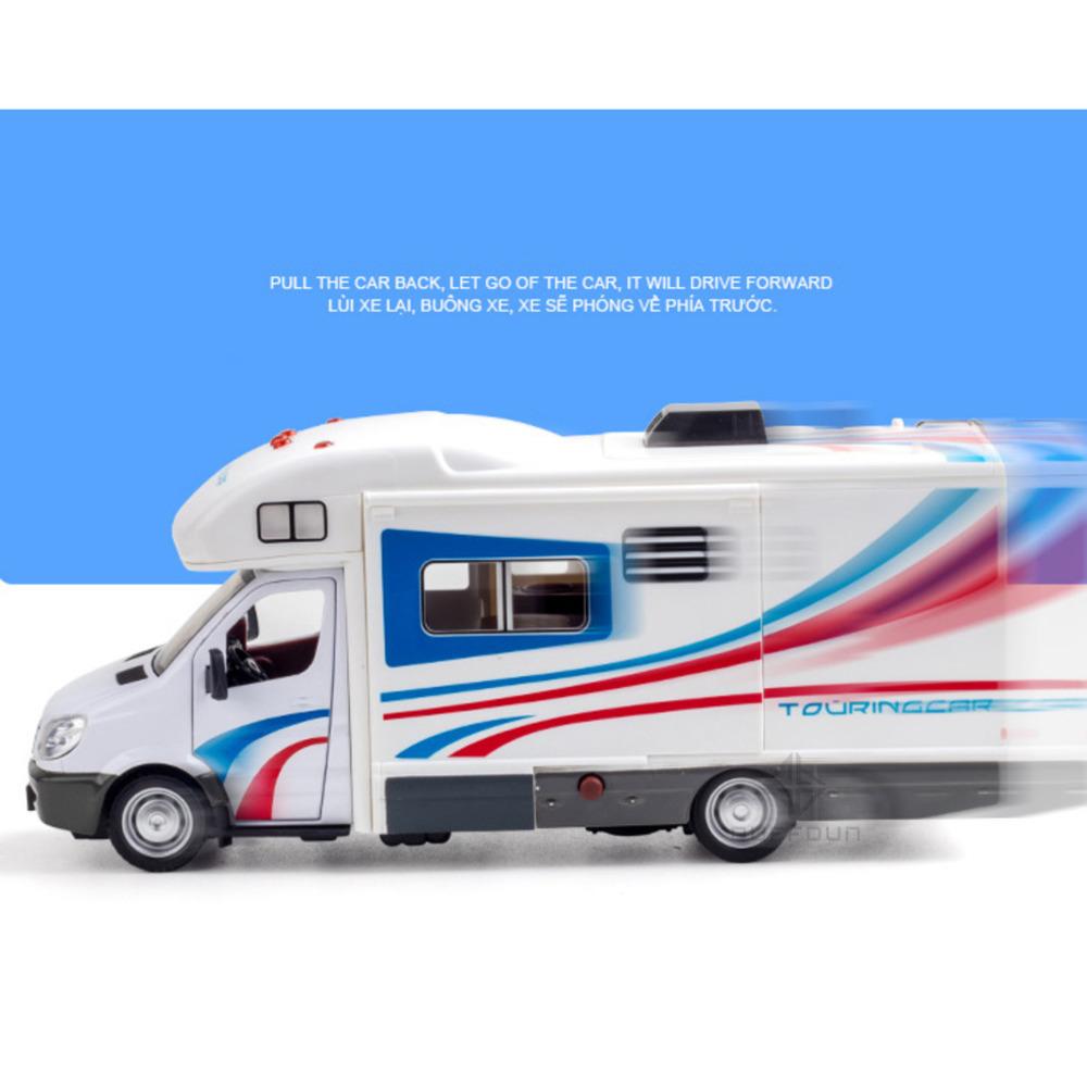 1/32 Alloy Diecast Touring Car Model Toys 3 Doors Opened Sound Light Campervan RV Trailer Vehicles Childrens Toy Gift Collection