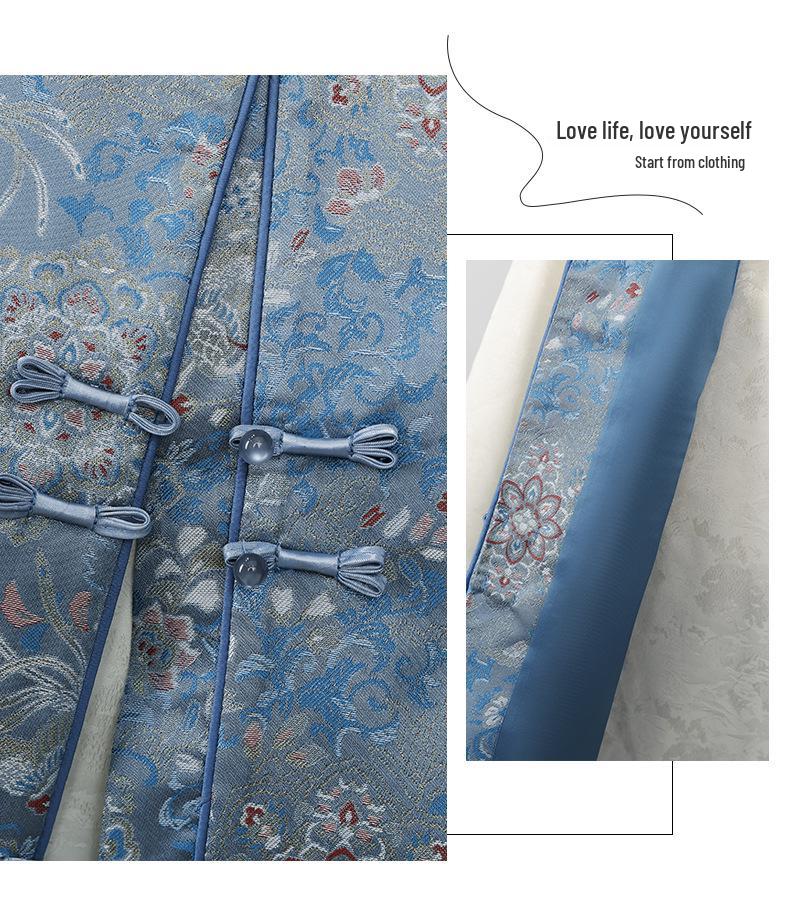 Women's Blue Brocade Jacquard Vest - New 2026 Chinese Style with Frog Buttons, Sleeveless Elegance for Spring
