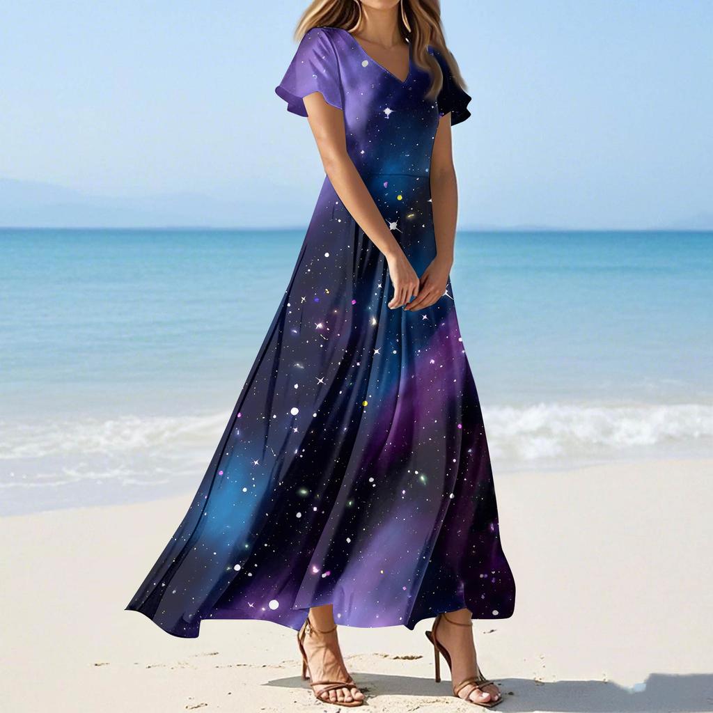 Women's Summer Casual Fashion -Print V-Neck Short-Sleeve Patchwork Dress