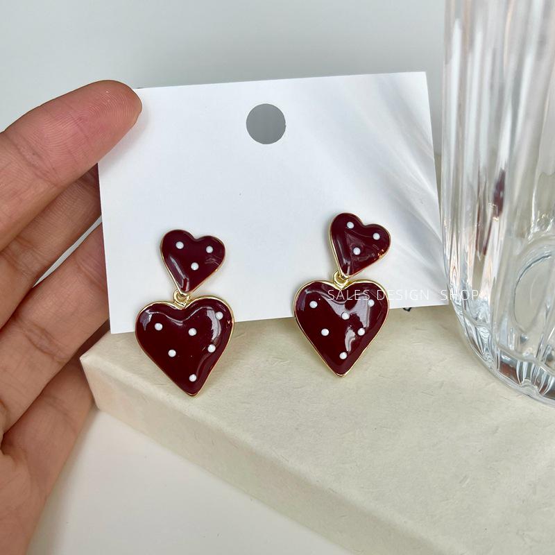Korean Style Enamel Double Heart Polka Dot Stud Earrings - Light Luxury Fashion