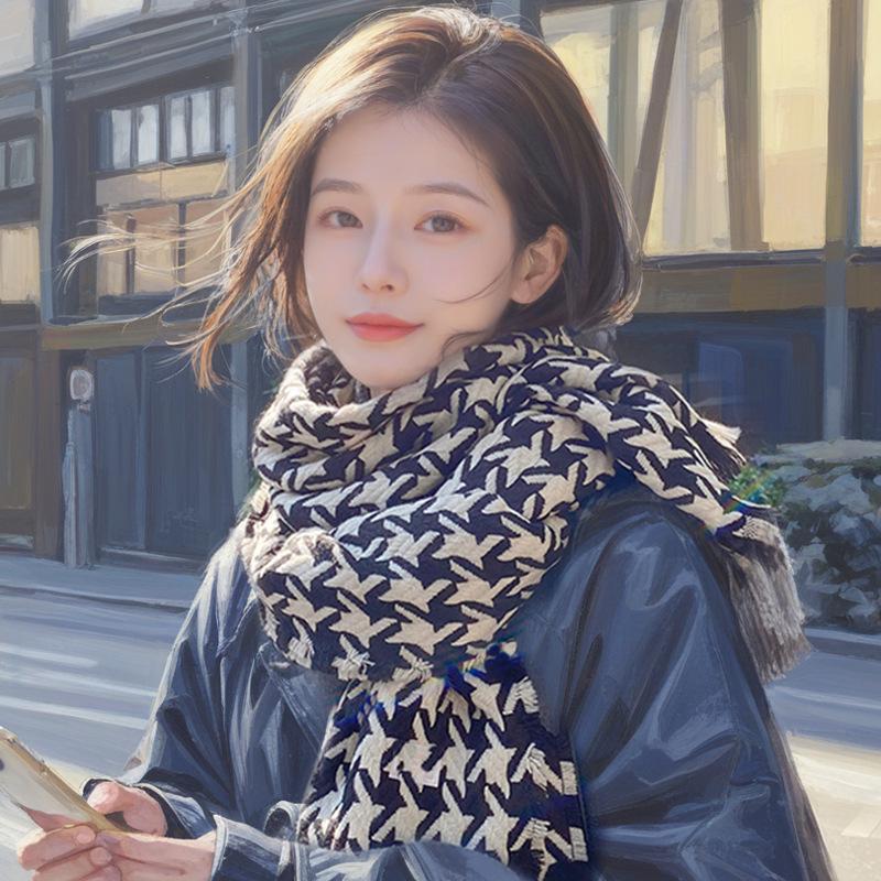 Women's Houndstooth Scarf: Warm Korean Style, Thick Imitation Wool, Fringe Knit for Autumn/Winter.